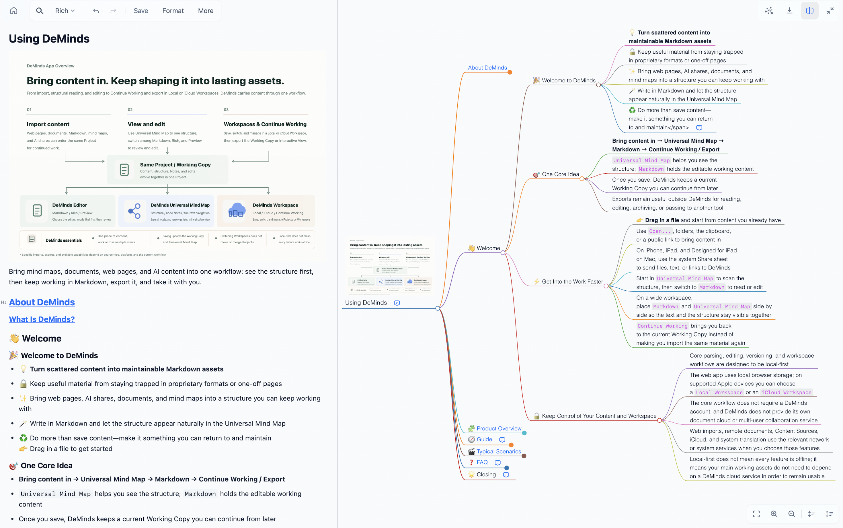 DeMinds interface preview showing a Markdown document rendered as a structured mind map.